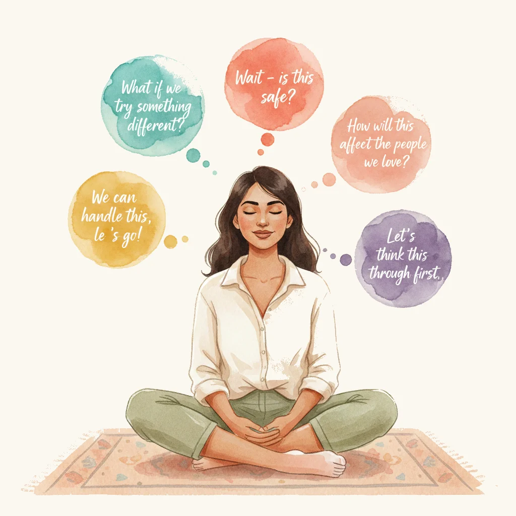 Person meditating with inner voices — each thought bubble represents a different archetype helping you find clarity