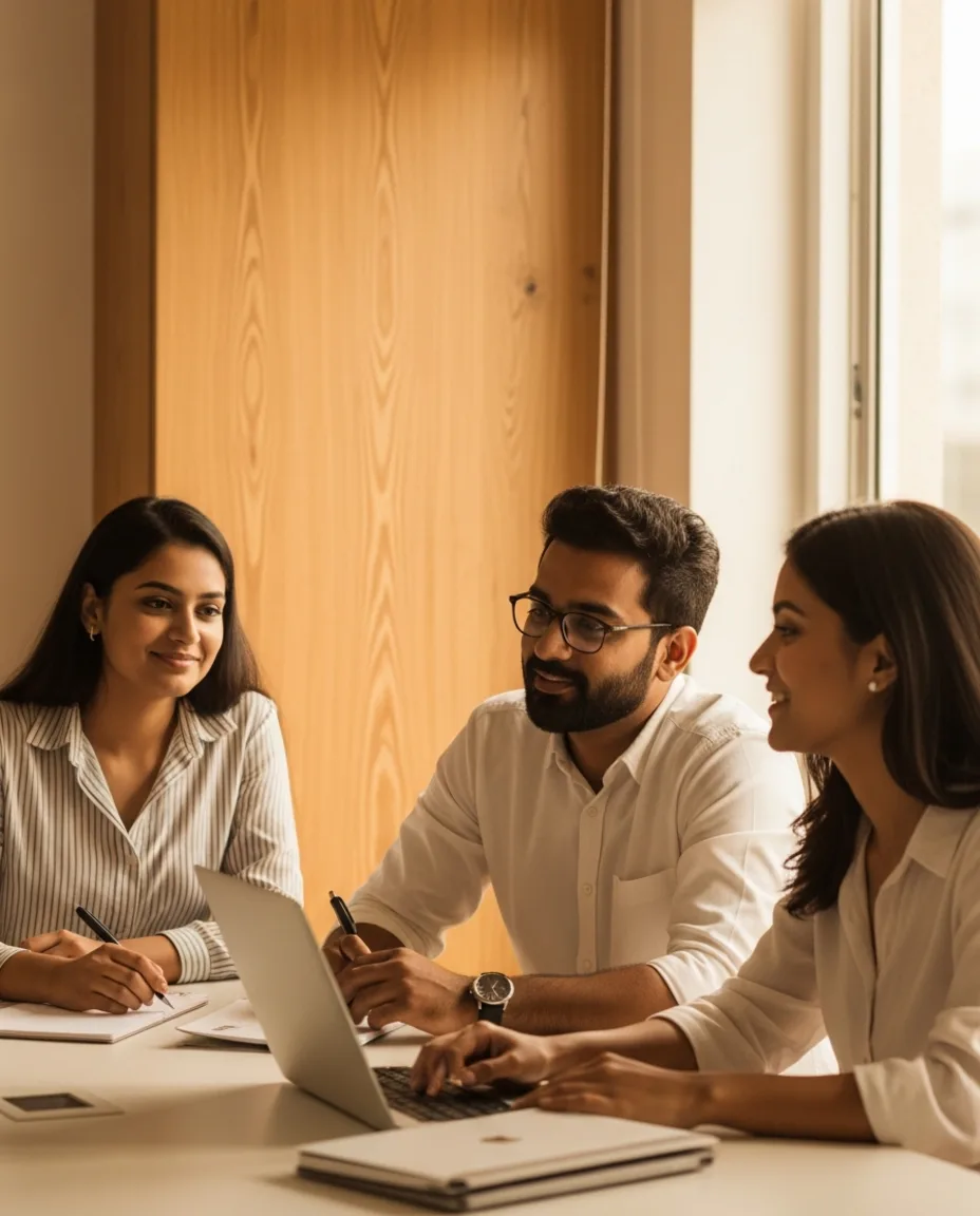 A calm, diverse team at ease at work, supported by a therapist-led benefit that reaches them between sessions.